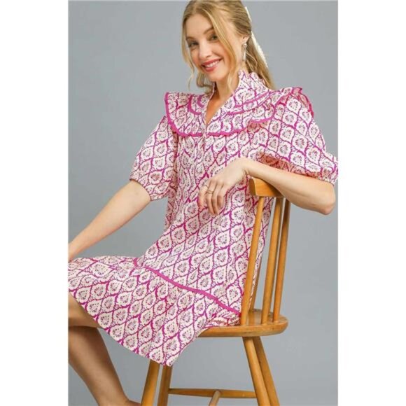 Umgee Ruffled Printed Puff Sleeve Mini Dress - Picture 2 of 3